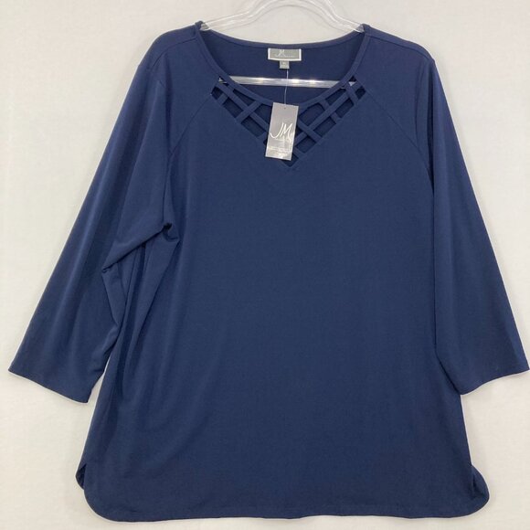 New JM Collection size XL Navy Cut-out Detail Stretch Knit 3/4 Sleeve Top Office - Picture 1 of 11